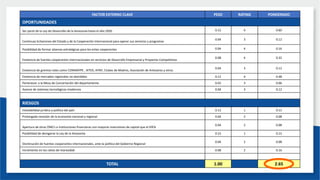 FACTOR EXTERNO CLAVE PESO RATING PONDERADO
OPORTUNIDADES
Ser parte de la Ley de Desarrollo de la Amazonia hasta el año 2050 0.15 4 0.60
Continuas licitaciones del Estado y de la Cooperación Internacional para operar sus servicios y programas
0.04 3 0.12
Posibilidad de formar alianzas estratégicas para los entes cooperantes 0.04 4 0.16
Existencia de fuentes cooperantes internacionales en servicios de Desarrollo Empresarial y Proyectos Competitivos
0.08 4 0.32
Existencia de gremios tales como CONAMYPE , AITEX, AYNY, Clubes de Madres, Asociación de Artesanos y otros.
0.04 3 0.12
Existencia de mercados regionales no atendidos 0.12 4 0.48
Pertenecer a la Mesa de Concertación del departamento 0.02 3 0.06
Avance de sistemas tecnológicos modernos 0.04 3 0.12
RIESGOS
Inestabilidad juridica y polìtica del país 0.12 1 0.12
Prolongada recesión de la economía nacional y regional 0.04 2 0.08
Apertura de otras ONG's e instituciones financieras con mayores inversiones de capital que el IDESI
0.04 2 0.08
Posibilidad de derogarse la Ley de la Amazonía 0.15 1 0.15
Disminución de fuentes cooperantes internacionales, ante la política del Gobierno Regional
0.04 2 0.08
Incremento en los ratios de morosidad 0.08 2 0.16
TOTAL 1.00 2.65
 