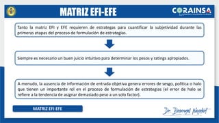 MATRIZ EFI-EFE
MATRIZ EFI-EFE
Tanto la matriz EFI y EFE requieren de estrategas para cuantificar la subjetividad durante las
primeras etapas del proceso de formulación de estrategias.
Siempre es necesario un buen juicio intuitivo para determinar los pesos y ratings apropiados.
A menudo, la ausencia de información de entrada objetiva genera errores de sesgo, política o halo
que tienen un importante rol en el proceso de formulación de estrategias (el error de halo se
refiere a la tendencia de asignar demasiado peso a un solo factor).
 