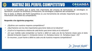 MATRIZ DEL PERFIL COMPETITIVO
A menudo se considera que la parte más importante del proceso de formulación de estrategias es
identificar y evaluar las fortalezas y limitaciones, las estrategias y objetivos del competidor.
Por lo tanto, la Matriz del Perfil Competitivo es una herramienta de entrada importante que resume la
información vital sobre los competidores.
Responde a las siguientes preguntas:
• ¿Quiénes son nuestros mayores competidores?
• ¿Qué factores son los más importantes para tener éxito en la industria?
• ¿Cuál es la importancia relativa de cada factor para tener éxito en la industria?
• ¿En que medida cada competidor es fuerte o débil en cada uno de los factores claves para el éxito
(donde limitación mayor=1 ; limitación menor =2 ; fortaleza menor =3; fortaleza mayor = 4)?
• En resumen, ¿cuan fuerte o débil es cada uno de nuestros mayores competidores?
 