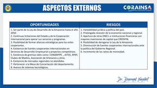 OPORTUNIDADES RIESGOS
1. Ser parte de la Ley de Desarrollo de la Amazonia hasta el año
2050.
2. Continuas licitaciones del Estado y de la Cooperación
Internacional para operar sus servicios y programas.
3. Posibilidad de formar alianzas estratégicas para los entes
cooperantes.
4. Existencia de fuentes cooperantes internacionales en
Servicios de Desarrollo Empresarial y proyectos competitivos.
5. Existencia de gremios tales como: CONAMYPE ., AITEX, AYNY,
Clubes de Madres, Asociación de Artesanos y otros.
6. Existencia de mercados regionales no atendidos.
7. Pertenecer a la Mesa de Concertación del departamento.
8. Avance de sistemas tecnológicos.
1. Inestabilidad jurídica y política del país.
2. Prolongada recesión de la economía nacional y regional.
3. Apertura de otras ONG's e instituciones financieras con
mayores inversiones de capital que CREDIFIN.
4. Posibilidad de derogarse la Ley de la Amazonía.
5. Disminución de fuentes cooperantes internacionales ante
la política del Gobierno Regional.
6. Incremento de los ratios de morosidad.
ASPECTOS EXTERNOS
 