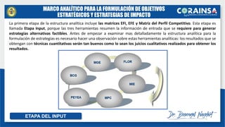 MARCO ANALÍTICO PARA LA FORMULACIÓN DE OBJETIVOS
ESTRATÉGICOS Y ESTRATEGIAS DE IMPACTO
La primera etapa de la estructura analítica incluye las matrices EFI, EFE y Matriz del Perfil Competitivo. Esta etapa es
llamada Etapa Input, porque las tres herramientas resumen la información de entrada que se requiere para generar
estrategias alternativas factibles. Antes de empezar a examinar mas detalladamente la estructura analítica para la
formulación de estrategias es necesario hacer una observación sobre estas herramientas analíticas: los resultados que se
obtengan con técnicas cuantitativas serán tan buenos como lo sean los juicios cualitativos realizados para obtener los
resultados.
ETAPA DEL INPUT
 