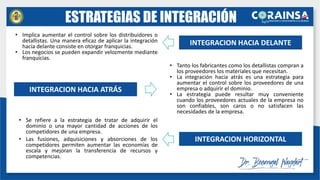 ESTRATEGIAS DE INTEGRACIÓN
• Se refiere a la estrategia de tratar de adquirir el
dominio o una mayor cantidad de acciones de los
competidores de una empresa.
• Las fusiones, adquisiciones y absorciones de los
competidores permiten aumentar las economías de
escala y mejoran la transferencia de recursos y
competencias.
INTEGRACION HACIA DELANTE
INTEGRACION HACIA ATRÁS
INTEGRACION HORIZONTAL
• Implica aumentar el control sobre los distribuidores o
detallistas. Una manera eficaz de aplicar la integración
hacia delante consiste en otorgar franquicias.
• Los negocios se pueden expandir velozmente mediante
franquicias.
• Tanto los fabricantes como los detallistas compran a
los proveedores los materiales que necesitan.
• La integración hacia atrás es una estrategia para
aumentar el control sobre los proveedores de una
empresa o adquirir el dominio.
• La estrategia puede resultar muy conveniente
cuando los proveedores actuales de la empresa no
son confiables, son caros o no satisfacen las
necesidades de la empresa.
 