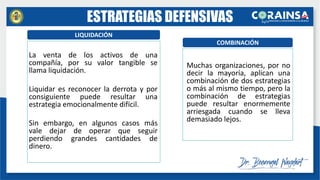 Muchas organizaciones, por no
decir la mayoría, aplican una
combinación de dos estrategias
o más al mismo tiempo, pero la
combinación de estrategias
puede resultar enormemente
arriesgada cuando se lleva
demasiado lejos.
La venta de los activos de una
compañía, por su valor tangible se
llama liquidación.
Liquidar es reconocer la derrota y por
consiguiente puede resultar una
estrategia emocionalmente difícil.
Sin embargo, en algunos casos más
vale dejar de operar que seguir
perdiendo grandes cantidades de
dinero.
COMBINACIÓN
LIQUIDACIÓN
ESTRATEGIAS DEFENSIVAS
 