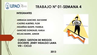 TRABAJO Nº 01-SEMANA 4
INTEGRANTES
•ARRIAGA SANCHEZ, DAYANNE
•CASTRO ALBITRES, FLOR
•SIGUEÑAS QUISPE, PAMELA
•SANCHEZ GONZALES, KARLA
•ROJAS MARIN, JUNIOR
CURSO: GESTION DE RIESGOS
DOCENTE: JENRY HIDALGO LAMA
VIII – CICLO
2013
 
