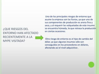 ¿QUE RIESGOS DEL
ENTORNO HAN AFECTADO
RECIENTEMENTE A LA
MYPE VISITADA?
Uno de los principales riesgos de entorno que
asume la empresa son las lluvias, ya que uno de
sus componentes de producción es arena fina y
seca, y al requerir las volquetadas de este insumo
se encuentra húmeda, lo que retrasa la producción
en ciertas ocasiones.
Otro riesgo de entorno es el tipo de cambio del
dólar, ya que algunos insumos sólo son
conseguidos en los proveedores en dólares,
afectando así el nivel adquisitivo .
 