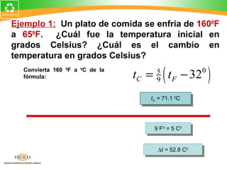 Ejemplo 1: Un plato de comida se enfría de 1600F
a 650F. ¿Cuál fue la temperatura inicial en
grados Celsius? ¿Cuál es el cambio en
temperatura en grados Celsius?
  Convierta 160 0F a 0C de la
  fórmula:                              tC =    5
                                                9   (t   F   − 32   0
                                                                        )
                                0
      5              5(128 )
  tC = (160 − 32 ) =
           0    0                          tC = 71.1 0C
      9                 9

   ∆t = 160 F − 65 F = 95 F
              0        0            0          9 F 0 = 5 C0

                       5 C0 
           ∆t = 95 F0                         ∆t = 52.8 C0
                       9 F0 
 