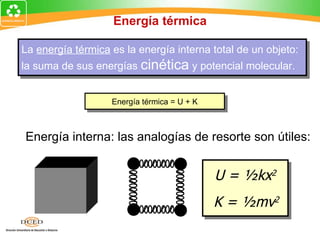 Energía térmica

La energía térmica es la energía interna total de un objeto:
la suma de sus energías cinética y potencial molecular.


                   Energía térmica = U + K



Energía interna: las analogías de resorte son útiles:


                                             U = ½kx2
                                             K = ½mv2
 