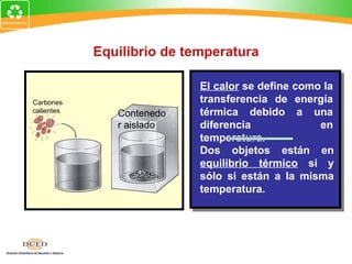 Equilibrio de temperatura

                            El calor se define como la
Carbones                    transferencia de energía
calientes
               Contenedo    térmica debido a una
               r aislado    diferencia             en
                            temperatura.
                            Dos objetos están en
                            equilibrio térmico si y
                            sólo si están a la misma
                            temperatura.
 