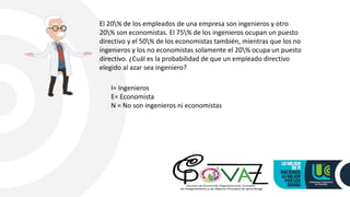 El 20% de los empleados de una empresa son ingenieros y otro
20% son economistas. El 75% de los ingenieros ocupan un puesto
directivo y el 50% de los economistas también, mientras que los no
ingenieros y los no economistas solamente el 20% ocupa un puesto
directivo. ¿Cuál es la probabilidad de que un empleado directivo
elegido al azar sea ingeniero?
I= Ingenieros
E= Economista
N = No son ingenieros ni economistas
 