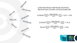 P(B)= 0,30
a) P(D)=P(A)*P(D|A)+ P(B)*P(D|B)+ P(C)*P(D|C)
P(D)=0,45*0,03+ 0,3*0,04+ 0,25*0,05=0,038=3,8%
b) P(B|D)=
𝑃(𝐵∩𝐷)
𝑃(𝐷)
=
P(B)∗P(D|B)
𝑃(𝐷)
=
0,012
0,038
= 0,32 = 32%
C) P(A|D)=
𝑃(𝐴∩𝐷)
𝑃(𝐷)
=
P(A)∗P(D|A)
𝑃(𝐷)
=
0,0136
0,038
= 35, %
P(C|D)=
𝑃(𝐶∩𝐷)
𝑃(𝐷)
=
P(C)∗P(D|C)
𝑃(𝐷)
=
0,0125
0,038
= 33%
 