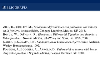 BIBLIOGRAF´IA
ZILL, D., CULLEN, M., Ecuaciones diferenciales con problemas con valores
en la frontera, octava edici´on, Cengage Learning, Mexico, DF, 2014.
BOYCE, W., DIPRIMA, R., Elementary Differential Equation and Boundary
Value problems, Novena edici´on, JohnWiley and Sons, Inc. USA, 2009.
NAGLE, R.K., SAFF, E.B., Fundamentos de Ecuaciones Diferenciales, Addison-
Wesley, Iberoamericana, 1992.
POLKING, J., BOGGESS, A., ARNOLD, D., Differential equations with boun-
dary value problems, Segunda edici´on, Pearson Prentice Hall, 2005.
 