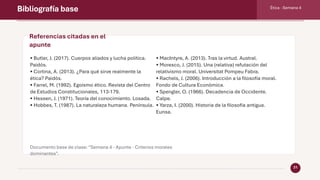 Bibliografía base Ética · Semana 4
21
Referencias citadas en el
apunte
• Butler, J. (2017). Cuerpos aliados y lucha política.
Paidós.
• Cortina, A. (2013). ¿Para qué sirve realmente la
ética? Paidós.
• Farrel, M. (1992). Egoísmo ético. Revista del Centro
de Estudios Constitucionales, 113-179.
• Hessen, J. (1971). Teoría del conocimiento. Losada.
• Hobbes, T. (1987). La naturaleza humana. Península.
• MacIntyre, A. (2013). Tras la virtud. Austral.
• Moresco, J. (2015). Una (relativa) refutación del
relativismo moral. Universitat Pompeu Fabra.
• Rachels, J. (2006). Introducción a la filosofía moral.
Fondo de Cultura Económica.
• Spengler, O. (1966). Decadencia de Occidente.
Calpe.
• Yarza, I. (2000). Historia de la filosofía antigua.
Eunsa.
Documento base de clase:“Semana 4 - Apunte - Criterios morales
dominantes”.
 