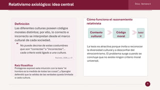 Relativismo axiológico: idea central Ética · Semana 4
5
Definición
Las diferentes culturas poseen códigos
morales distintos; por ello, lo correcto e
incorrecto se interpretan desde el marco
cultural de cada sociedad.
“ No puede decirse de estas costumbres
que son “correctas”o “incorrectas”...
cada criterio está ligado a una cultura.
Rachels, 2006, p. 41
Raíz filosófica
Protágoras expresó esta intuición con la tesis “el
hombre es la medida de todas las cosas”, y Spengler
defendió que la validez de las verdades queda limitada
a cada cultura.
Cómo funciona el razonamiento
relativista
Contexto
cultural
Código
moral
Juici
o
La tesis es atractiva porque invita a reconocer
la diversidad cultural y a desconfiar del
etnocentrismo. El problema surge cuando se
concluye que no existe ningún criterio moral
universal.
 