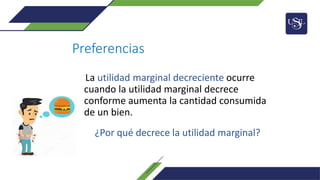 Preferencias
La utilidad marginal decreciente ocurre
cuando la utilidad marginal decrece
conforme aumenta la cantidad consumida
de un bien.
¿Por qué decrece la utilidad marginal?
 