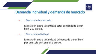 Demanda individual y demanda de mercado
• Demanda de mercado
La relación entre la cantidad total demandada de un
bien y su precio.
• Demanda individual
La relación entre la cantidad demandada de un bien
por una sola persona y su precio.
 