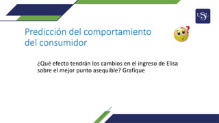 Predicción del comportamiento
del consumidor
¿Qué efecto tendrán los cambios en el ingreso de Elisa
sobre el mejor punto asequible? Grafique
 