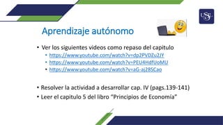 Aprendizaje autónomo
• Ver los siguientes videos como repaso del capitulo
• https://www.youtube.com/watch?v=dp2PVDZu2JY
• https://www.youtube.com/watch?v=PEU4HdfUoMU
• https://www.youtube.com/watch?v=aG-aj28SCao
• Resolver la actividad a desarrollar cap. IV (pags.139-141)
• Leer el capitulo 5 del libro “Principios de Economía”
 