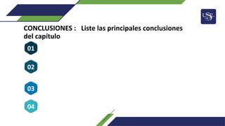 CONCLUSIONES : Liste las principales conclusiones
del capítulo
04
03
02
01
 