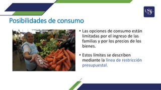 Posibilidades de consumo
• Las opciones de consumo están
limitadas por el ingreso de las
familias y por los precios de los
bienes.
• Estos límites se describen
mediante la línea de restricción
presupuestal.
 