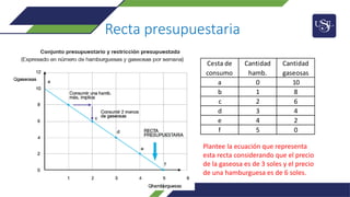 Recta presupuestaria
Plantee la ecuación que representa
esta recta considerando que el precio
de la gaseosa es de 3 soles y el precio
de una hamburguesa es de 6 soles.
Cesta de
consumo
Cantidad
hamb.
Cantidad
gaseosas
a 0 10
b 1 8
c 2 6
d 3 4
e 4 2
f 5 0
 