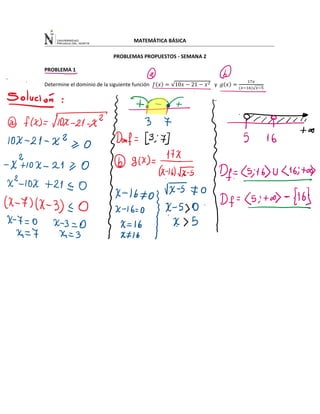 MATEMÁTICA BÁSICA
PROBLEMAS PROPUESTOS - SEMANA 2
PROBLEMA 1
Determine el dominio de la siguiente función 𝑓(𝑥) = √10𝑥 − 21 − 𝑥2 y 𝑔(𝑥) =
17𝑥
(𝑥−16)√𝑥−5
 