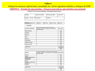 Taller I
Indique los alcances, aplicaciones, actualidad, etc., de los siguientes métodos y enfoques de EDP:
  GRUPO 2 – Escalas de apreciación...: Ensayos narrativos, apreciación convencional.
 