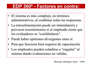 EDP 360º - Factores en contra:
• El sistema es más complejo, en términos
  administrativos, al combinar todas las respuestas.
• La retroalimentación puede ser intimidatoria y
  provocar resentimientos si el empleado siente que
  los evaluadores se “confabularon”.
• Puede haber opiniones divergentes entre sí.
• Para que funcione bien requiere de capacitación.
• Los empleados pueden coludirse o “engañar” al
  sistema dando evaluaciones no válidas.

                                Sherman, Bohlader, Snell – 1999.
 