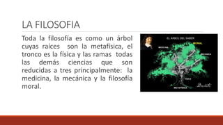 LA FILOSOFIA
Toda la filosofía es como un árbol
cuyas raíces son la metafísica, el
tronco es la física y las ramas todas
las demás ciencias que son
reducidas a tres principalmente: la
medicina, la mecánica y la filosofía
moral.
 