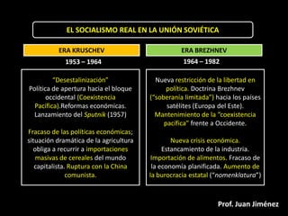 EL SOCIALISMO REAL EN LA UNIÓN SOVIÉTICA

          ERA KRUSCHEV                             ERA BREZHNEV
             1953 – 1964                           1964 – 1982

         “Desestalinización”              Nueva restricción de la libertad en
Política de apertura hacia el bloque          política. Doctrina Brezhnev
       occidental (Coexistencia         (“soberanía limitada”) hacia los países
  Pacífica).Reformas económicas.              satélites (Europa del Este).
  Lanzamiento del Sputnik (1957)          Mantenimiento de la “coexistencia
                                             pacífica” frente a Occidente.
Fracaso de las políticas económicas;
situación dramática de la agricultura           Nueva crisis económica.
  obliga a recurrir a importaciones          Estancamiento de la industria.
   masivas de cereales del mundo         Importación de alimentos. Fracaso de
   capitalista. Ruptura con la China     la economía planificada. Aumento de
               comunista.               la burocracia estatal (“nomenklatura”)



                                                               Prof. Juan Jiménez
 