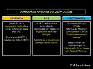 DEMOCRACIAS POPULARES DE EUROPA DEL ESTE

      YUGOSLAVIA                      R.D.A                 CHECOSLOVAQUIA

    Desarrollo de un           La URSS desiste de sus      “Primavera de Praga”
 comunismo nacional en              demandas de                    (1968)
torno a la figura de Josep   indemnización y reconoce     Reformas de Alexander
        Broz Tito.             el gobierno de Walter      Dubcek en busca de un
                                      Ulbright.           “socialismo con rostro
  Ruptura con la URSS y                                         humano”.
expulsión de la Kominform.   Aumento de la importancia
                              internacional de la RDA.       Estos cambios son
                                                              reprimidos por la
                                                         intervención de las tropas
                                                           del Pacto de Varsovia.




                                                               Prof. Juan Jiménez
 