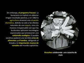 Sin embargo, el programa fracasó. La
       burocracia se triplicó sin obtener
ningún resultado positivo, y en 1963 la
      agricultura atravesó una situación
dramática, debido no solo a los efectos
      naturales de una sequía, sino a la
      manera irresponsable con que los
        burócratas aplicaron tecnologías
       equivocadas que provocaron una
         catástrofe ecológica. El pueblo
soviético padeció una terrible crisis de
   alimentos y el hambre, obligando al
     Estado a la importación masiva de
         cereales del mundo capitalista.


                                            Kruschev celebrando una cosecha de
                                                           maíz
 