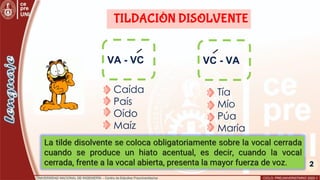 2
TILDACIÓN DISOLVENTE
VA - VC VC - VA
- Caída
- País
- Oído
- Maíz
- Tía
- Mío
- Púa
- María
La tilde disolvente se coloca obligatoriamente sobre la vocal cerrada
cuando se produce un hiato acentual, es decir, cuando la vocal
cerrada, frente a la vocal abierta, presenta la mayor fuerza de voz.
 