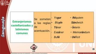 21
Extranjerismos
castellanizados y
latinismos
comunes
Se someten
a las reglas
de
acentuación.
∙ Yogur • Réquiem
• Bluyín Sándwich
∙ Tóner • Ínterin
∙ Escáner • Memorándum
∙ Bufé • Déficit
21
 