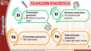 5
Pronombre
personal:
Él obtuvo el primer
lugar.
Artículo masculino:
Ya rendimos el
examen.
Él El
Tú Tu
Pronombre personal:
Tú ingresarás.
Determinante
posesivo:
Llegó tu mejor amigo.
TILDACIÓN DIACRÍTICA
 