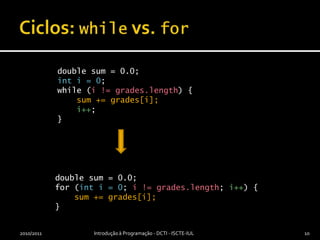 Ciclos: while vs. for2010/2011Introdução à Programação - DCTI - ISCTE-IUL10doublesum = 0.0;int i = 0;while (i != grades.length) {sum += grades[i];i++;}doublesum = 0.0;for (int i = 0; i != grades.length; i++) {sum += grades[i];}