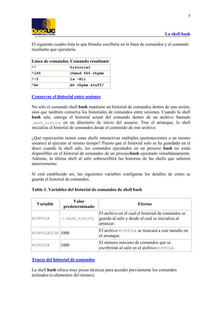 La shell bash
5
El siguiente cuadro lista lo que blondie escribiría en la línea de comandos y el comando
resultante que ejecutaría.
Línea de comandos Comando resultante
!! historial
!165 chmod 660 rhyme
!-5 ls -Rli
!mv mv rhyme stuff/
Conservar el historial entre sesiones
No sólo el comando shell bash mantiene un historial de comandos dentro de una sesión,
sino que también conserva los historiales de comandos entre sesiones. Cuando la shell
bash sale, entrega el historial actual del comando dentro de un archivo llamado
.bash_history en un directorio de inicio del usuario. Tras el arranque, la shell
inicializa el historial de comandos desde el contenido de este archivo.
¿Qué repercusión tienen estas shells interactivas múltiples (pertenecientes a un mismo
usuario) al ejecutar al mismo tiempo? Puesto que el historial solo se ha guardado en el
disco cuando la shell sale, los comandos ejecutados en un proceso bash no están
disponibles en el historial de comandos de un procesobash ejecutado simultáneamente.
Además, la última shell al salir sobrescribirá las historias de las shells que salieron
anteriormente.
Si está establecido así, las siguientes variables configuran los detalles de cómo se
guarda el historial de comandos.
Table 1. Variables del historial de comandos de shell bash
Variable
Valor
predeterminado
Efectos
HISTFILE ~/.bash_history
El archivo en el cual el historial de comandos se
guarda al salir y desde el cual se inicializa al
arrancar.
HISTFILESIZE 1000
El archivo HISTFILE se truncará a este tamaño en
el arranque.
HISTSIZE 1000
El número máximo de comandos que se
escribrirán al salir en el archivoHISTFILE.
Trucos del historial de comandos
La shell bash ofrece muy pocas técnicas para acceder previamente los comandos
tecleados (o elementos del mismo).
 