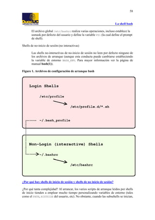 La shell bash
58
El archivo global /etc/bashrc realiza varias operaciones, incluso establece la
usmask por defecto del usuario y define la variable PS1 (la cual define el prompt
de shell).
Shells de no-inicio de sesión (no interactivas)
Las shells no-interactivas de no-inicio de sesión no leen por defecto ninguno de
los archivos de arranque (aunque esta conducta puede cambiarse estableciendo
la variable de entorno BASH_ENV. Para mayor información ver la página de
manual bash(1)).
Figure 1. Archivos de configuración de arranque bash
¿Por qué hay shells de inicio de sesión y shells de no inicio de sesión?
¿Por qué tanta complejidad? Al arrancar, los varios scripts de arranque leídos por shells
de inicio tienden a emplear mucho tiempo personalizando variables de entorno (tales
como el PATH, HISTSIZE del usuario, etc). No obstante, cuando las subsehells se inician,
 
