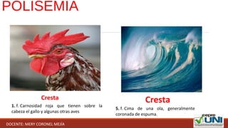 Cresta Cresta
POLISEMIA
1. f. Carnosidad  roja  que  tienen  sobre  la 
cabeza el gallo y algunas otras aves
5. f. Cima  de  una  ola,  generalmente 
coronada de espuma.
DOCENTE: MERY CORONEL MEJÍA
 