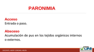 PARONIMIA
Acceso
Entrada o paso.
Absceso
Acumulación de pus en los tejidos orgánicos internos 
o externos.
DOCENTE: MERY CORONEL MEJÍA
 