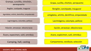 Grampa, cunclilla, chinchón, 
aereopuerto
Ávaro, especimen, sútil, omnibús 
Reglón, costipado, inagurar
Agmídalas, artitris, dentrífico, empaderado
Lagrimógena, columbio, peñizco
 hilación, atravezar, idiosincracia
Grapa, cuclilla, chichón, aeropuerto
Lacrimógena, columpio, pellizco
amígdalas, artritis, dentífrico, emparedado
Renglón, constipado, inaugurar
 ilación, atravesar, idiosincrasia
Avaro, espécimen, sutil, ómnibus
Camping, hall, casting Campamento, vestíbulo, selección
DOCENTE: MERY CORONEL MEJÍA
 