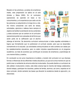 Basado en las prácticas y pruebas de enseñanza
reales, esta preparación se aplica en el aula
(Arrieta y Meza 2000). En el curriculum
operacional, se aprende en base a los
conocimientos y a la experiencia que cada una de
las personas va adquiriendo a lo largo de su vida.
Así mismo comprende una serie de tareas,
actividades, ejercicios o talleres tiene siempre el
objetivo de facilitar la asimilación de los contenidos
y estas acciones que se centran en el currículum
operacional podrán ser evaluadas de tal forma que
serán parte de la calificación que el alumno
obtenga al terminar. Se denomina curriculum extracurricular a todas aquellas actividades o
logros que formalmente que no pertenecen al currículo escolar, pero que se desarrollan
normalmente en la escuela. Las actividades extracurriculares en este contexto son dadas por
los establecimientos educativos, pero no están incluidos específicamente en el programa
académico, se trata de acciones que contribuyen al proceso de enseñanza y aprendizaje de
una manera lúdica y creativa.
En conclusión es de suma importancia el análisis y revisión del curriculum en sus diversas
formas e inferencias de los diferentes niveles educativos; ya que es la única manera en que se
podrá crear un ambiente de armonía entre los involucrados. Se puede diseñar un curriculum de
alta calidad, involucrando a todos, este debe crearse bajo la marcha del trabajo colaborativo
donde trabaje y participen los docentes, padres de familia, alumnos, así como, expertos en el
área curricular, donde sentarán las bases que llevarán la excelencia desde la ejecución y la
efectividad.
 