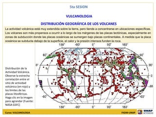 5ta SESION
VULCANOLOGIA
DISTRIBUCIÓN GEOGRÁFICA DE LOS VOLCANES
Curso: VULCANOLOGIA FIGIM-UNAP
La actividad volcánica está muy extendida sobre la tierra, pero tiende a concentrarse en ubicaciones específicas.
Los volcanes son más propensos a ocurrir a lo largo de los márgenes de las placas tectónicas, especialmente en
zonas de subducción donde las placas oceánicas se sumergen bajo placas continentales. A medida que la placa
oceánica se subducta debajo de la superficie, el calor y la presión intensos funden la roca.
Distribución de la
Actividad Volcánica.
Observe la estrecha
correlación entre el
sitio de actividad
volcánica (en rojo) y
los límites de las
placas litosféricas.
Haga clic en la imagen
para agrandar (Fuente:
NASA GSFC)
 