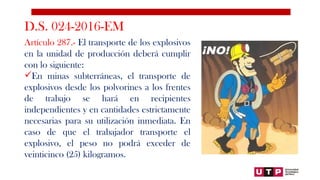 D.S. 024-2016-EM
Artículo 287.- El transporte de los explosivos
en la unidad de producción deberá cumplir
con lo siguiente:
En minas subterráneas, el transporte de
explosivos desde los polvorines a los frentes
de trabajo se hará en recipientes
independientes y en cantidades estrictamente
necesarias para su utilización inmediata. En
caso de que el trabajador transporte el
explosivo, el peso no podrá exceder de
veinticinco (25) kilogramos.
 
