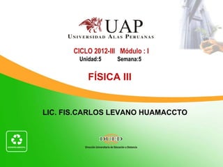 CICLO 2012-III Módulo : I
        Unidad:5    Semana:5


           FÍSICA III


LIC. FIS.CARLOS LEVANO HUAMACCTO
 