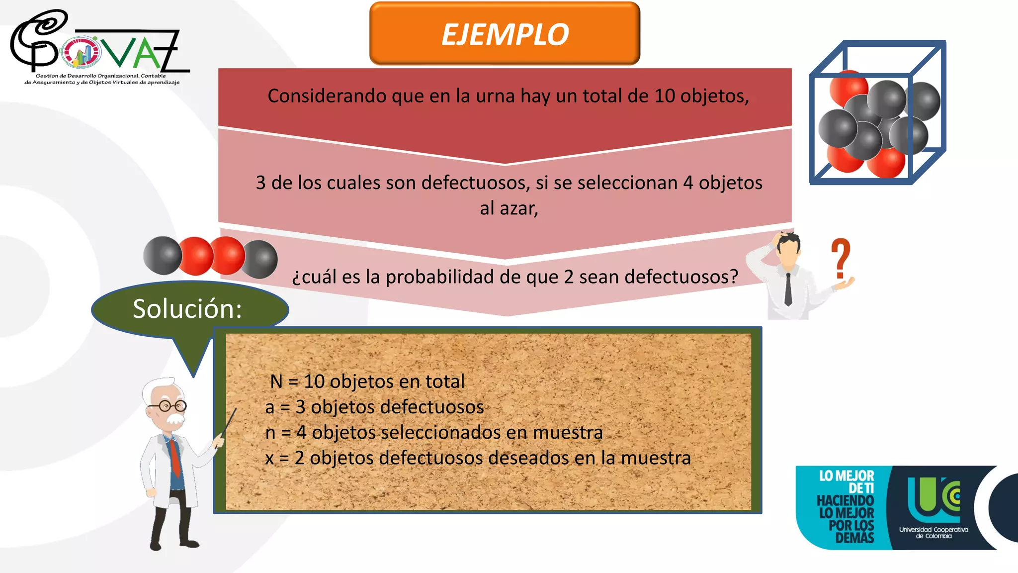 Considerando que en la urna hay un total de 10 objetos,
¿cuál es la probabilidad de que 2 sean defectuosos?
EJEMPLO
3 de los cuales son defectuosos, si se seleccionan 4 objetos
al azar,
Solución:
N = 10 objetos en total
a = 3 objetos defectuosos
n = 4 objetos seleccionados en muestra
x = 2 objetos defectuosos deseados en la muestra
 