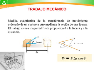 TRABAJO MECÁNICO Medida cuantitativa de la transferencia de movimiento ordenado de un cuerpo a otro mediante la acción de una fuerza. El trabajo es una magnitud física proporcional a la fuerza y a la distancia. 