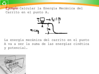 Ejemplo:   Calcular la Energía Mecánica del Carrito en el punto A. La energía mecánica del carrito en el punto A va a ser la suma de las energías cinética y potencial. 
