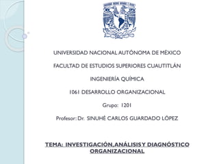 UNIVERSIDAD NACIONAL AUTÓNOMA DE MÉXICO
FACULTAD DE ESTUDIOS SUPERIORES CUAUTITLÁN
INGENIERÍA QUÍMICA
1061 DESARROLLO ORGANIZACIONAL
Grupo: 1201
Profesor: Dr. SINUHÉ CARLOS GUARDADO LÓPEZ
TEMA: INVESTIGACIÓN,ANÁLISISY DIAGNÓSTICO
ORGANIZACIONAL
 