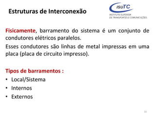 Estruturas de Interconexão
Fisicamente, barramento do sistema é um conjunto de
condutores elétricos paralelos.
Esses condutores são linhas de metal impressas em uma
placa (placa de circuito impresso).
Tipos de barramentos :
• Local/Sistema
• Internos
• Externos
10
 