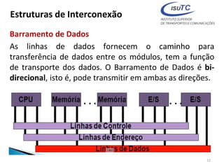 Estruturas de Interconexão
Barramento de Dados
As linhas de dados fornecem o caminho para
transferência de dados entre os módulos, tem a função
de transporte dos dados. O Barramento de Dados é bi-
direcional, isto é, pode transmitir em ambas as direções.
12
 